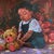 In "Seed of Love I," a young child tenderly interacts with a teddy bear, surrounded by a vibrant, textured backdrop filled...