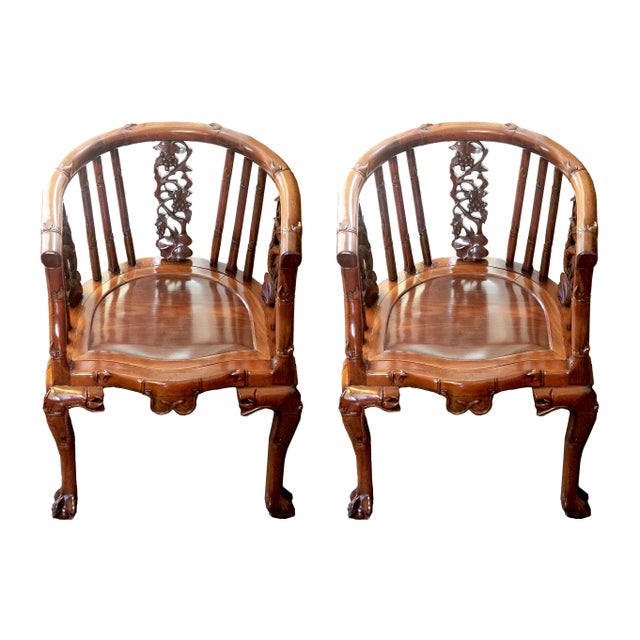 Pair of Vintage Hand Carved Horseshoe Chairs For Sale - Image 9 of 10