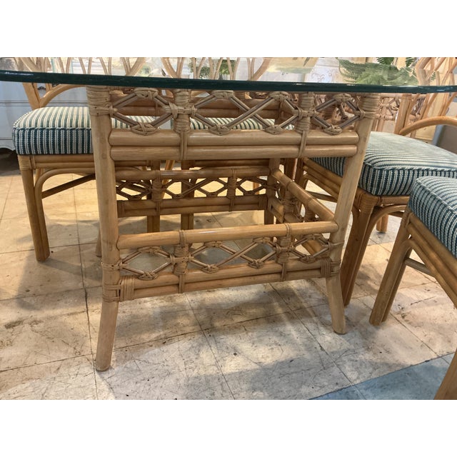 Wood MCM Rattan Bamboo Dining Room Table Set 6 Chairs Glass Top Green Cushions For Sale - Image 7 of 12