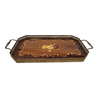 Vintage Italian Brass & Wood Inlay Serving Tea Tray For Sale