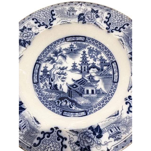 Antique Blue& White Willow Shanghai Ironstone Soup Plate 8.5" D For Sale - Image 4 of 5