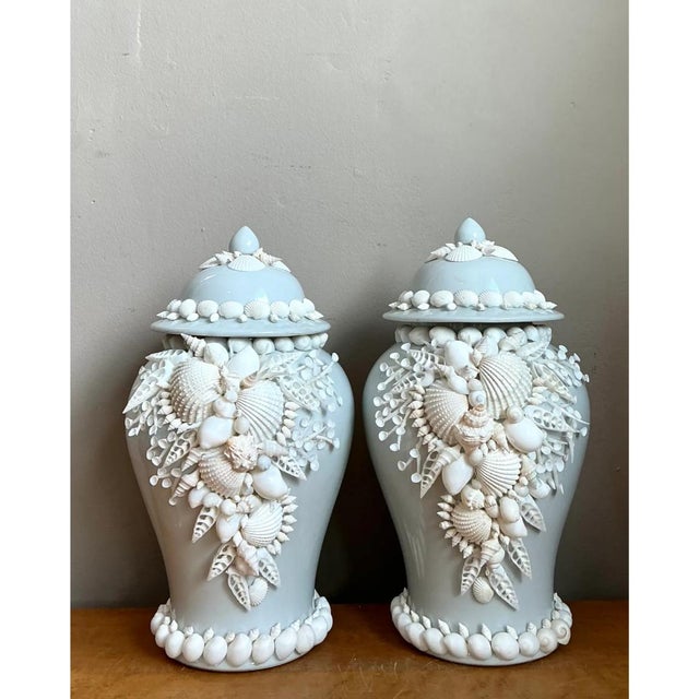 Vintage Shell Encrusted Lidded Ceramic Urns - Pair For Sale - Image 10 of 12