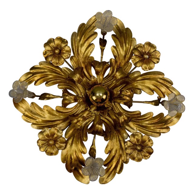 Italian Hollywood Regency Gilt Metal and Glass Flower Ceiling Light, 1970s For Sale