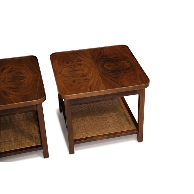 Mid 20th Century Attribtued to Jack Cartwright for Founders Book-Matched Walnut & Cane Side Tables For Sale - Image 9 of 13