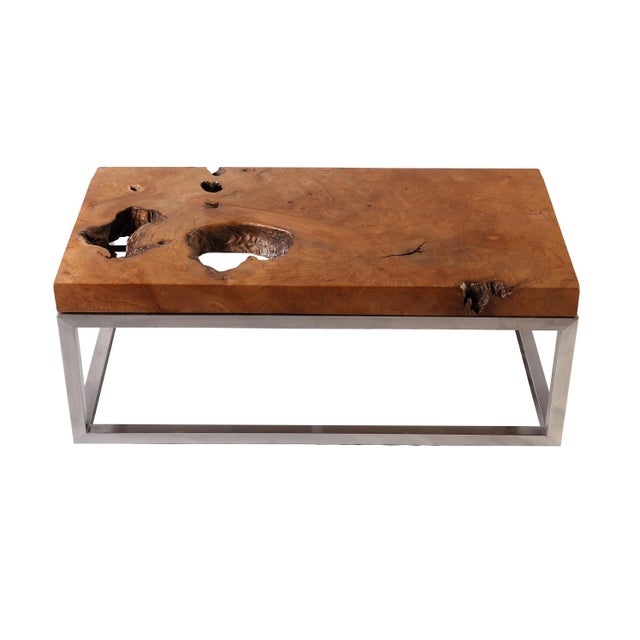 Wood Rustic Solid Teak Top and Stainless Steel Base Coffee Table For Sale - Image 7 of 9