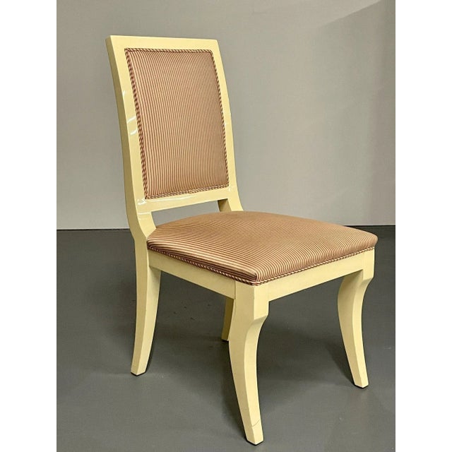 Wood Ron Seff, White Lacquer, Striped Fabric, Ten Modern Dining Chairs, Usa, 1970s For Sale - Image 7 of 13