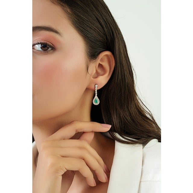 Contemporary Luxury Pear Cut Zambian Emerald & Diamond Halo Drop Earrings in 14k White Gold- A Pair For Sale - Image 3 of 11