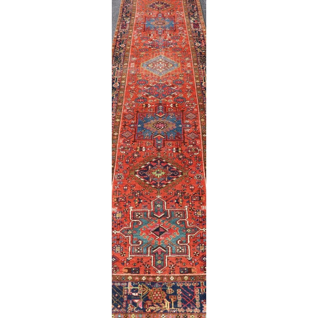 Antique Hand Knotted Geometric Persian Long Heriz Runner in Red, Blue and Teal 3'4 X 14'4 For Sale - Image 11 of 14