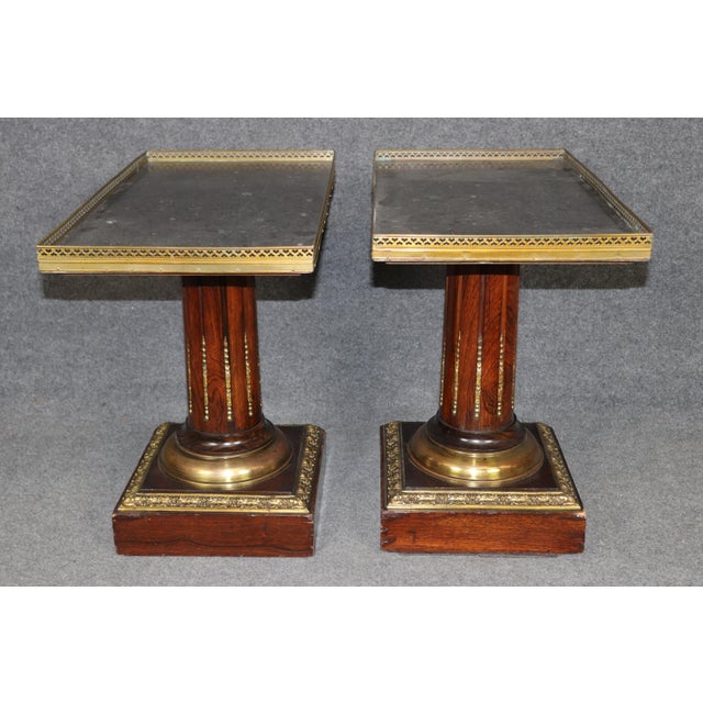 Early 20th Century Pair of French Directiore Style Marble Top Pedestal & Brass Mounts End Tables For Sale - Image 5 of 11