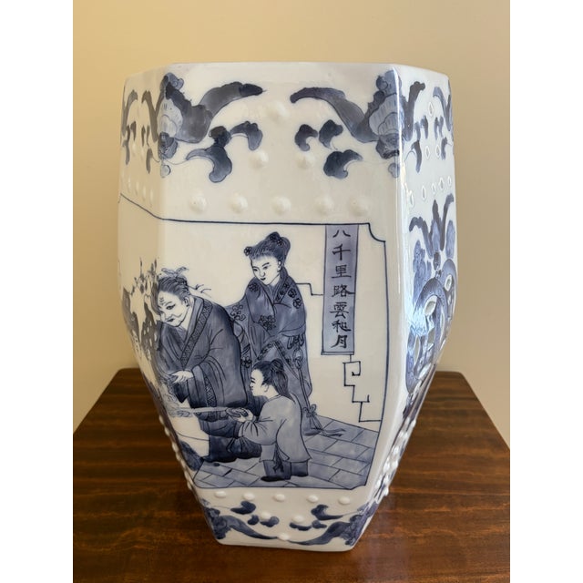Ceramic Blue and White Porcelain Chinoiserie Hexagonal Garden Stool or Side Table For Sale - Image 7 of 11