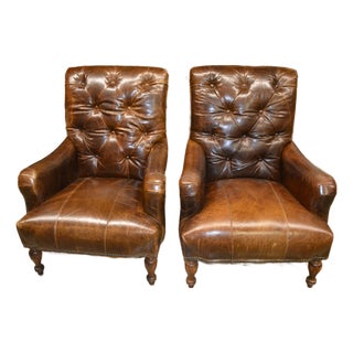 1990s Pair Tufted Back Brown Leather Arm Club Chairs High Back - English Library / Cigar Lounge For Sale