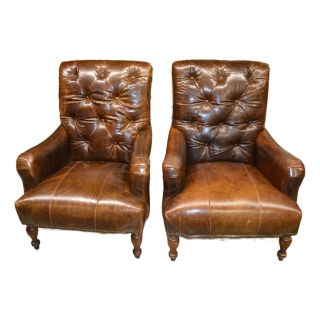 1990s Pair Tufted Back Brown Leather Arm Club Chairs High Back - English Library / Cigar Lounge For Sale