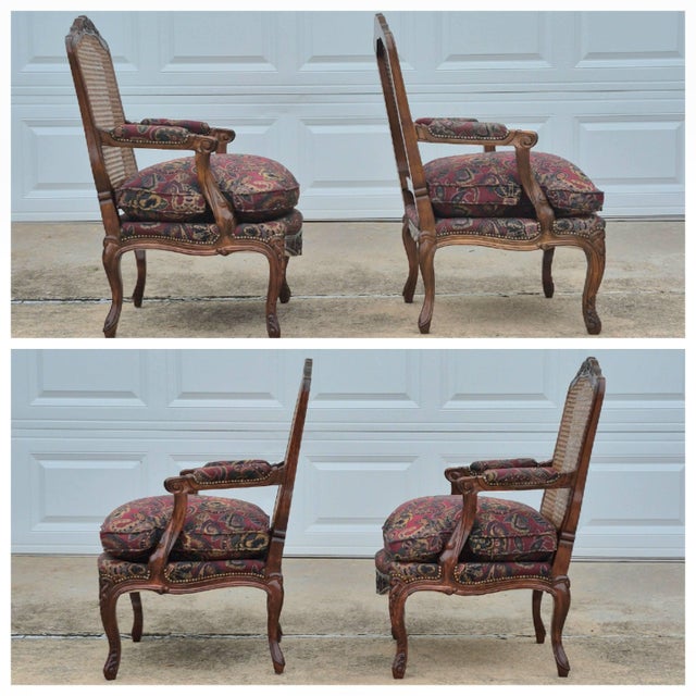 Late 20th Century Louis XV Carved Walnut Cane Back Arm Chairs Fauteuils, a Pair For Sale - Image 10 of 18