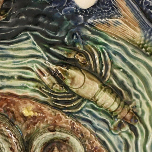 Large School of Paris Palissy Majolica Wall Platter With Snake and Fish For Sale - Image 6 of 12