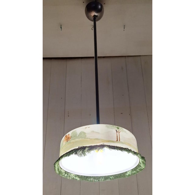 1920s German Hanging Lamp with Hand-Painted Glass Shade, 1920s For Sale - Image 5 of 9