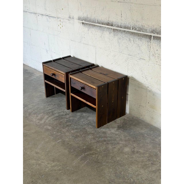 Mid-Century Modern Oak Nightstands Side Tables Set of 2 Rustic Brutalist Vintage Mid-Century Modern 1970s For Sale - Image 3 of 11