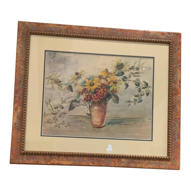 Vintage Framed Floral Arrangement Watercolor in Vase For Sale