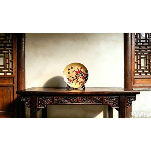 Art Deco Chinese Ceramic Plate,Yellow Glaze Porcelain Plate Hand Painted Flowers and Birds Pattern For Sale - Image 3 of 10