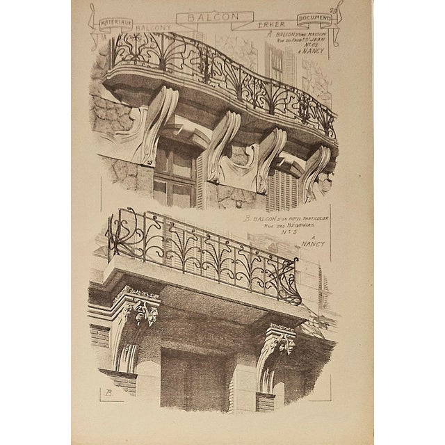 Victorian 1887- Set of 4-French Antique Architectural Ornamental Engravings-Balcony Designs For Sale - Image 3 of 5