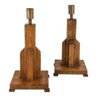 1950s 50s Art Deco Skyscraper Candlestick Candlestand Pair Set of Two 2 Antique Wood Metal For Sale