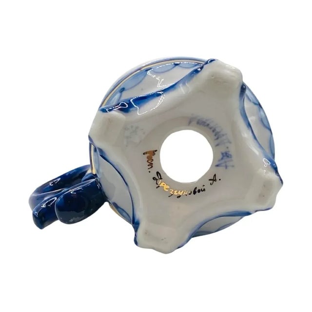 Early 1900s Antique Porcelain Hand Painted Gzhel Cup Glass Milk Can Holder, Signed For Sale In Atlanta - Image 6 of 9