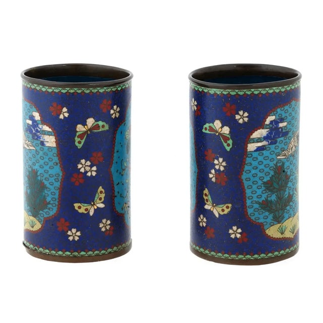 Metal Pair of Early Meiji Japanese Cloisonne Brush Pots For Sale - Image 7 of 7