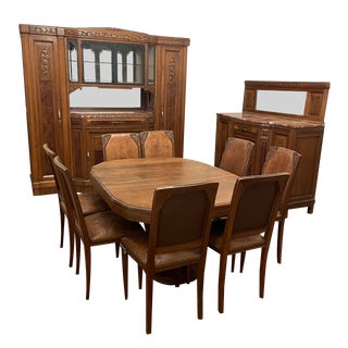 Art DEco Walnut Dining Tables and Chairs, Set of 12 For Sale