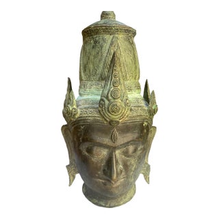 100-Year-Old Antique Thai Buddha Head Cast Metal Sculpture With Verdigris Patina For Sale
