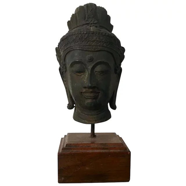 Antique Bronze Bust of Buddha Mounted on a Wood Stand For Sale - Image 11 of 11