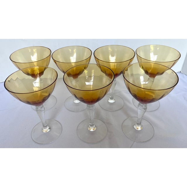 1930s Mid-Century Cambridge Glass Amber & Clear Stem Champagne Coupes - Set of 7 For Sale - Image 18 of 18