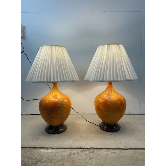 Mid-Century Modern Pair of Mid a Century Modern Orange Table Lamps With Lava Glaze For Sale - Image 3 of 12