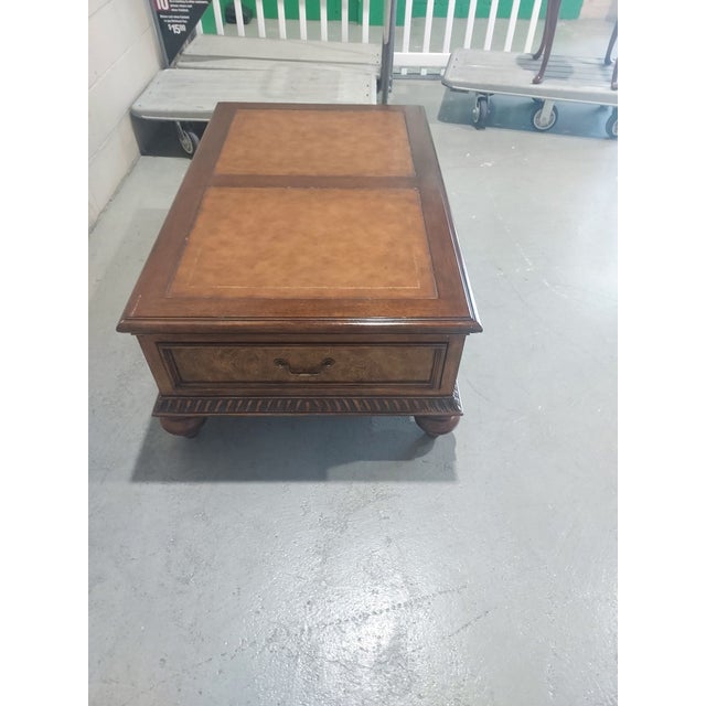 Ethan Allen "Morley" Burled Maple Leather Inlay Coffee Table With 2