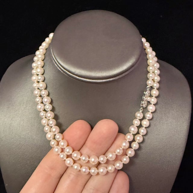Ivory Mikimoto Akoya Pearl Necklace 31" 7 mm Silver Clasp Estate For Sale - Image 8 of 10