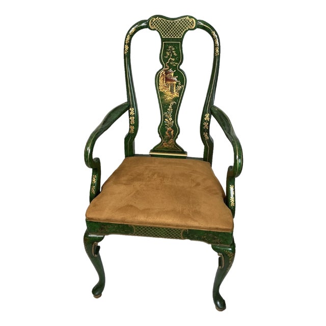 1980s Signed Norman Lundin Green Chinoiserie Armchair For Sale