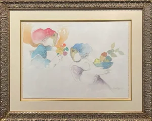 Sunol Alvar Fruits & Flowers Art Watercolor with Custom Frame Hand Signed