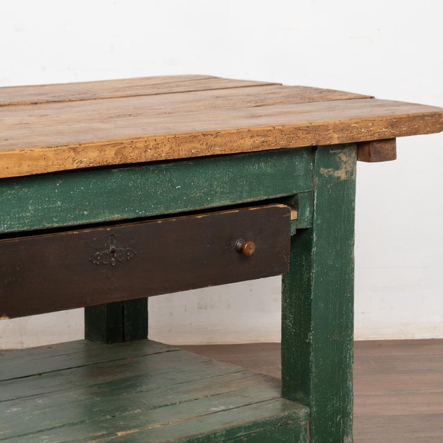 Rustic 19th Century Green Work Table With Drawer and Large Shelf, Hungary For Sale - Image 11 of 14