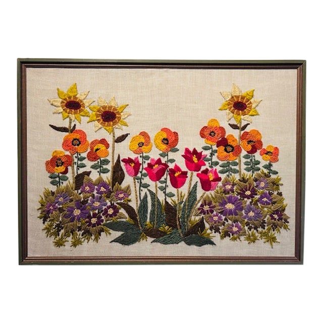 1960s MCM Flower Power Crewel Flower Garden Wall Art Danish Modern Embroidery For Sale