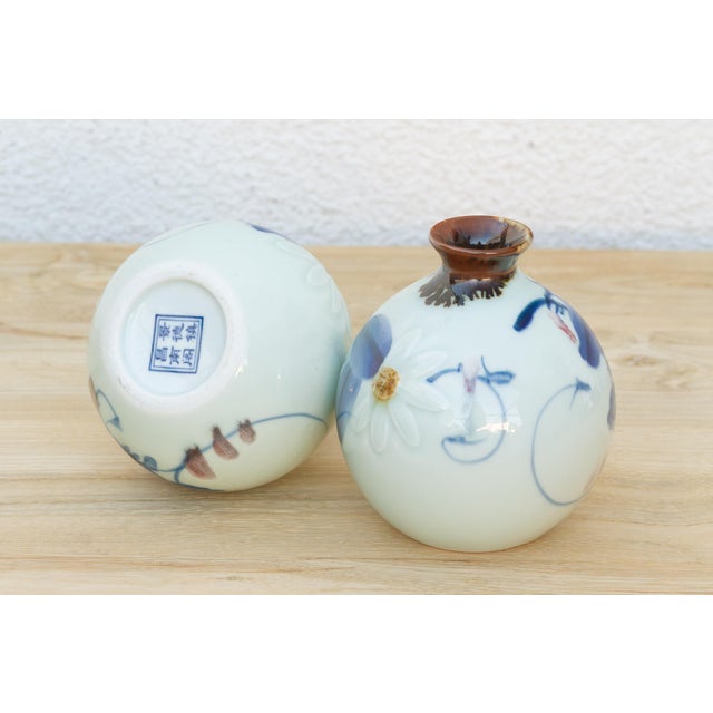 Pair of Hand-Painted Blue & White Porcelain Vases For Sale - Image 4 of 6