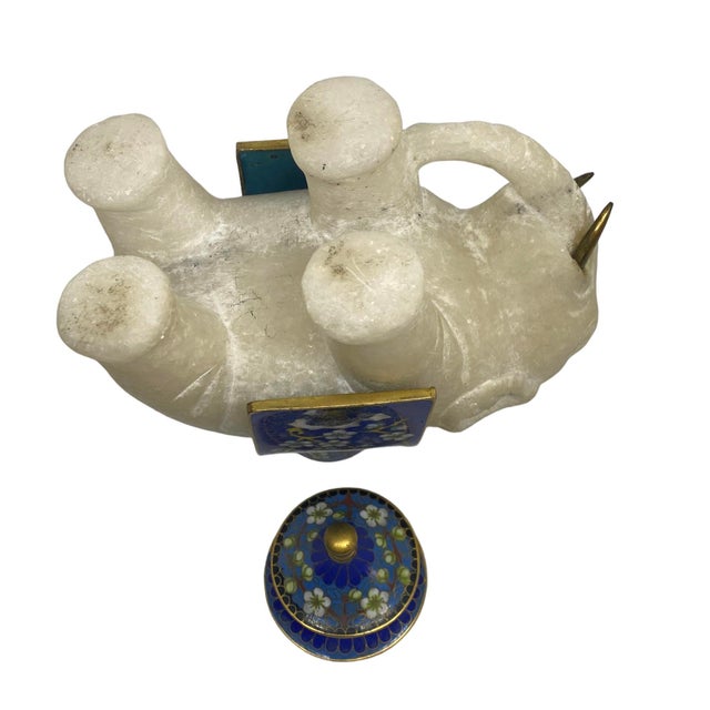 Vintage Japanese Carved Alabaster Elephant Figurine With Blue Cloisonné Ink Well With Cherry