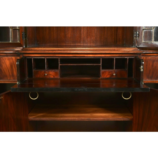 Wood Baker Furniture Style Georgian Flame Mahogany Breakfront Bookcase Cabinet With Drop Front Secretary Desk For Sale - Image 7 of 16