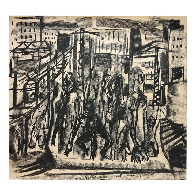 Mario Salmaso, Fuga dalla Città, 1963, Charcoal on Paper For Sale