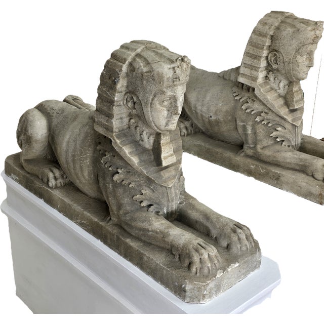 Large Pair Antique Sphinx of Weathered White Marble on Custom Wood Bases For Sale - Image 11 of 14
