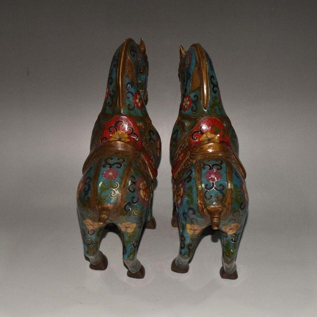 Pair of Vintage Chinese Cloisonné Tang Horses With Saddles - Turquoise Ground For Sale - Image 9 of 9