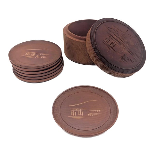 Mid 20th Century Carved Teak Wood Beverage Coasters, Set of 7 For Sale In Miami - Image 6 of 13