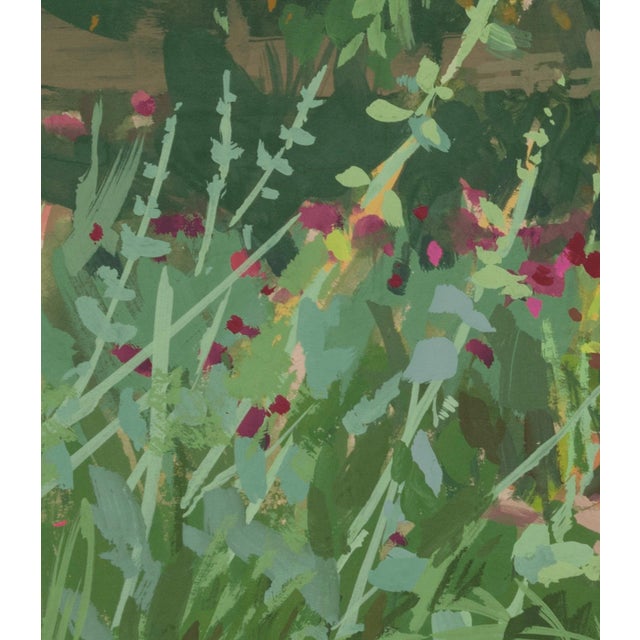 In the Thicket by Judd Mercer | Gouache On Paper Floral scene with green foliage and colorful flowers. For Sale - Image 4 of 5