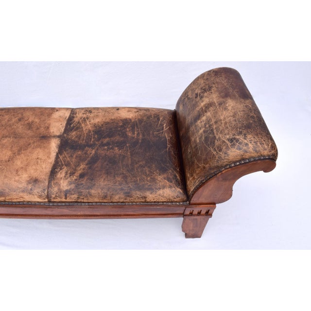 Wood Vintage Leather Roll Arm Bench, Carved Oak Frame, Mission Style, Usa For Sale - Image 7 of 12