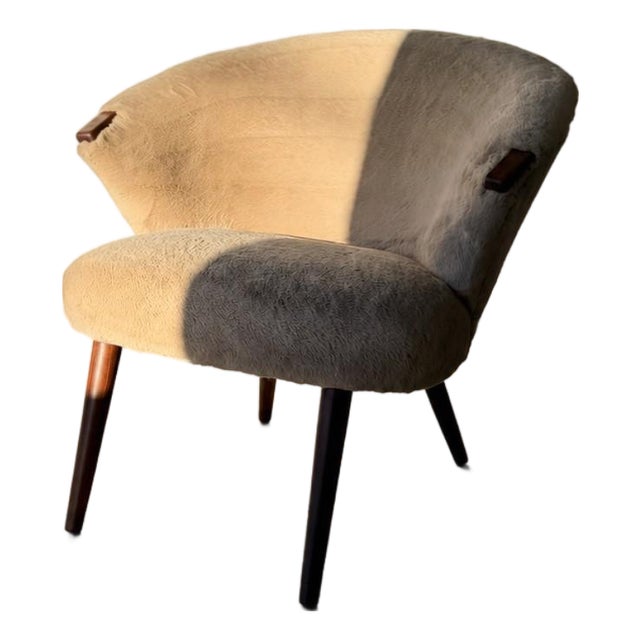 Vintage Danish 1950s Mid-Century Bent Møller Jepsen Attributed Lounge Chair, Beige Fur-Like Upholstery For Sale
