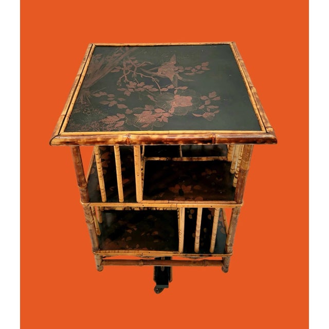 Brown Antique 19th Century Edwardian Japanned Pyro Bamboo Revolving Library Bookcase For Sale - Image 8 of 12