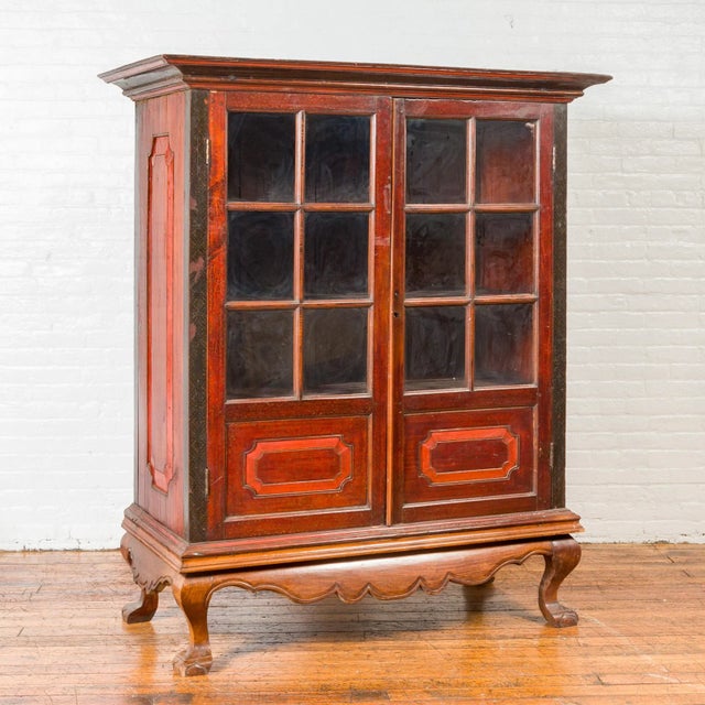 Brown Dutch Colonial Antique Lacquered Wood Cabinet with Glass Doors and Cabriole Legs For Sale - Image 8 of 13