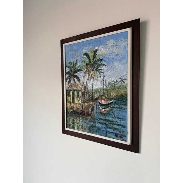 1970s Vintage Caribbean Tropical Coastal Landscape Oil on Canvas Painting, Framed For Sale - Image 5 of 13